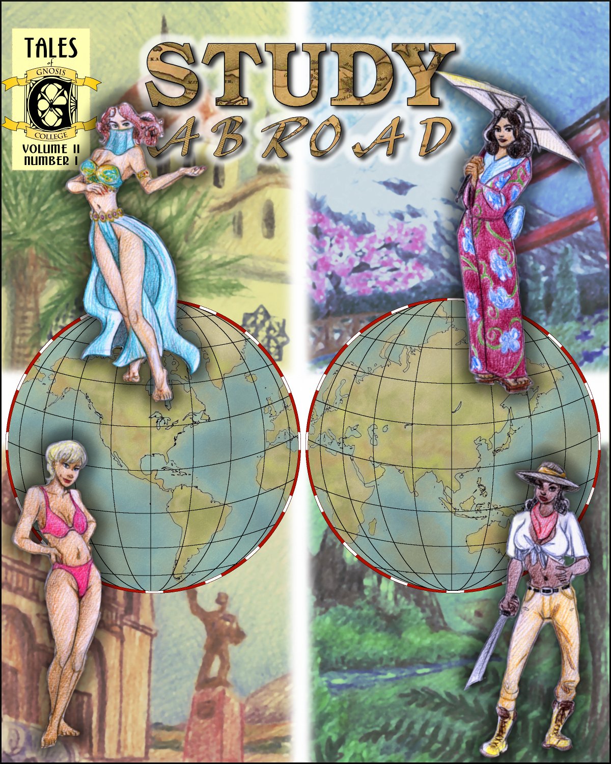 Four sexy coeds in the cover of the first issue of Study Abroad