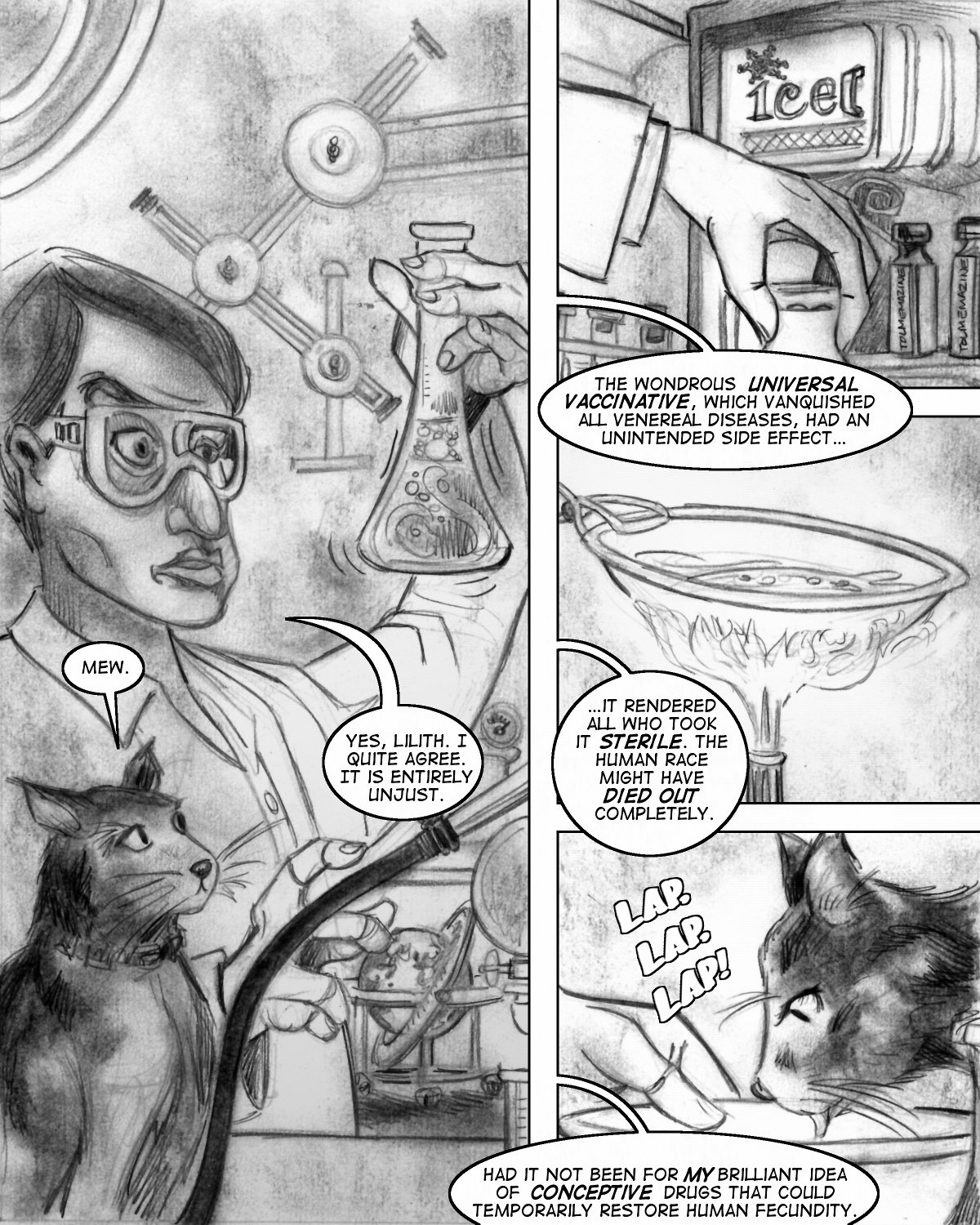 Mad scientist Emil Strangeways rants in his laboratory.
