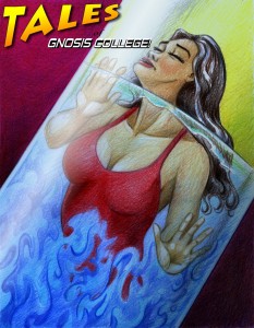 A swimsuited coed dissolves in a tube