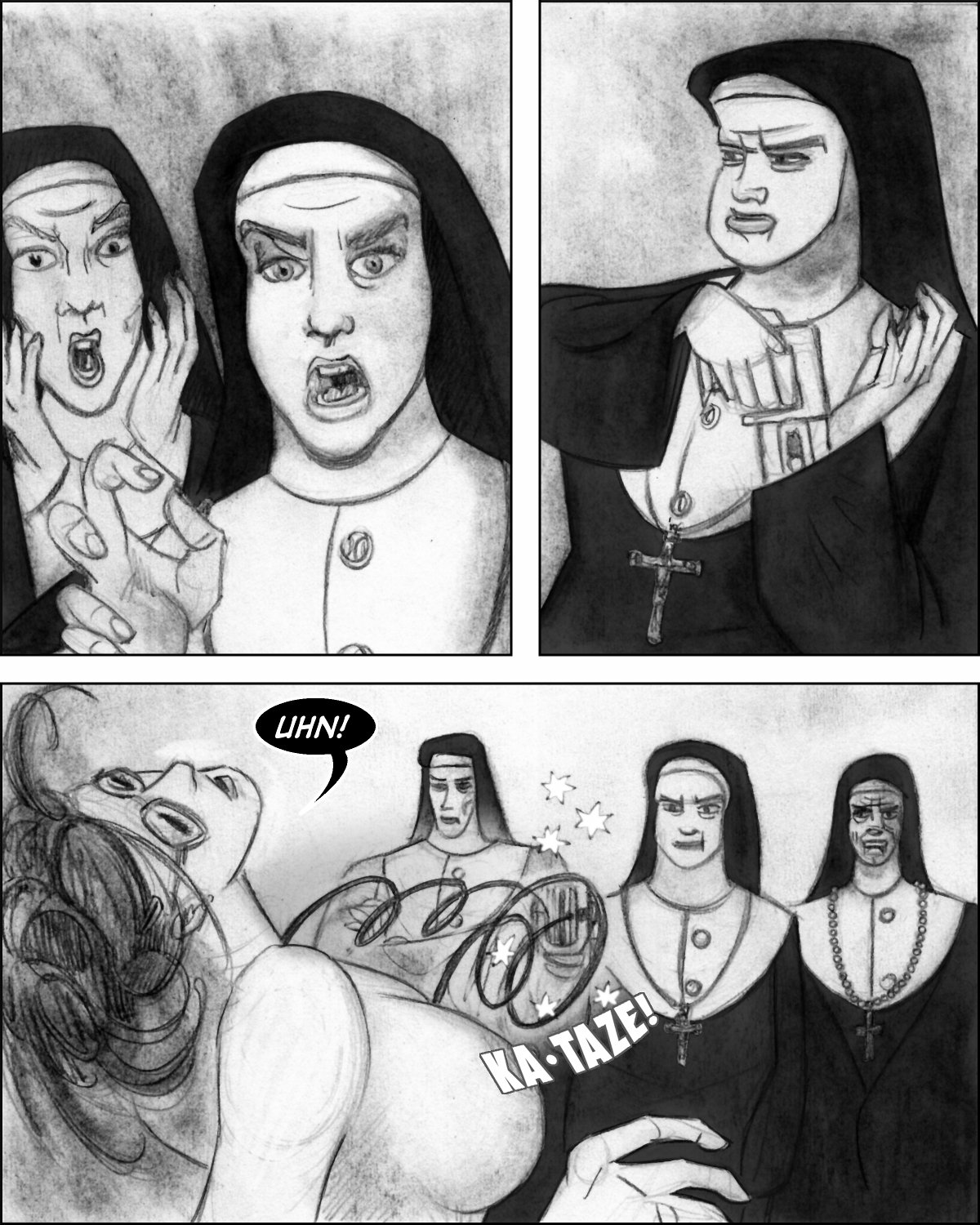 Mother Superior Euphemia tasers Willlie in response to his blasphemy.