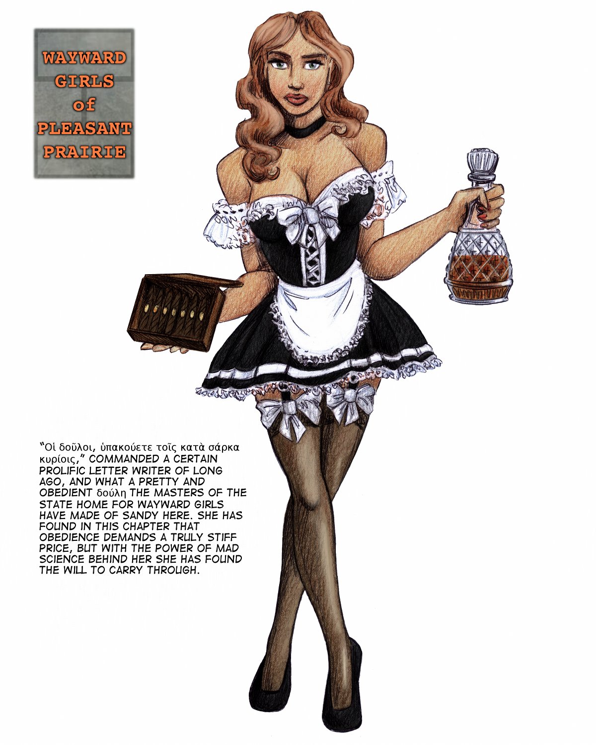 Sandy in a French-maid outfit, doing service.