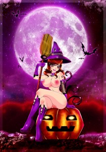 Beatufiul naked witch sits on a pumpkin under a full moon