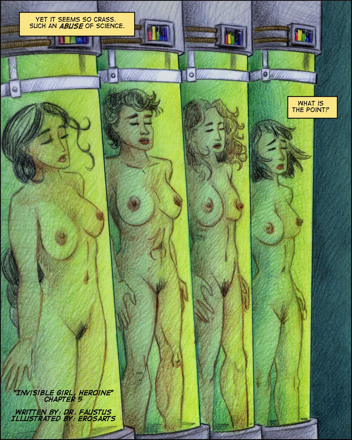 Four naked girls float in tubes, awaiting shipment out.  (Color page.)
