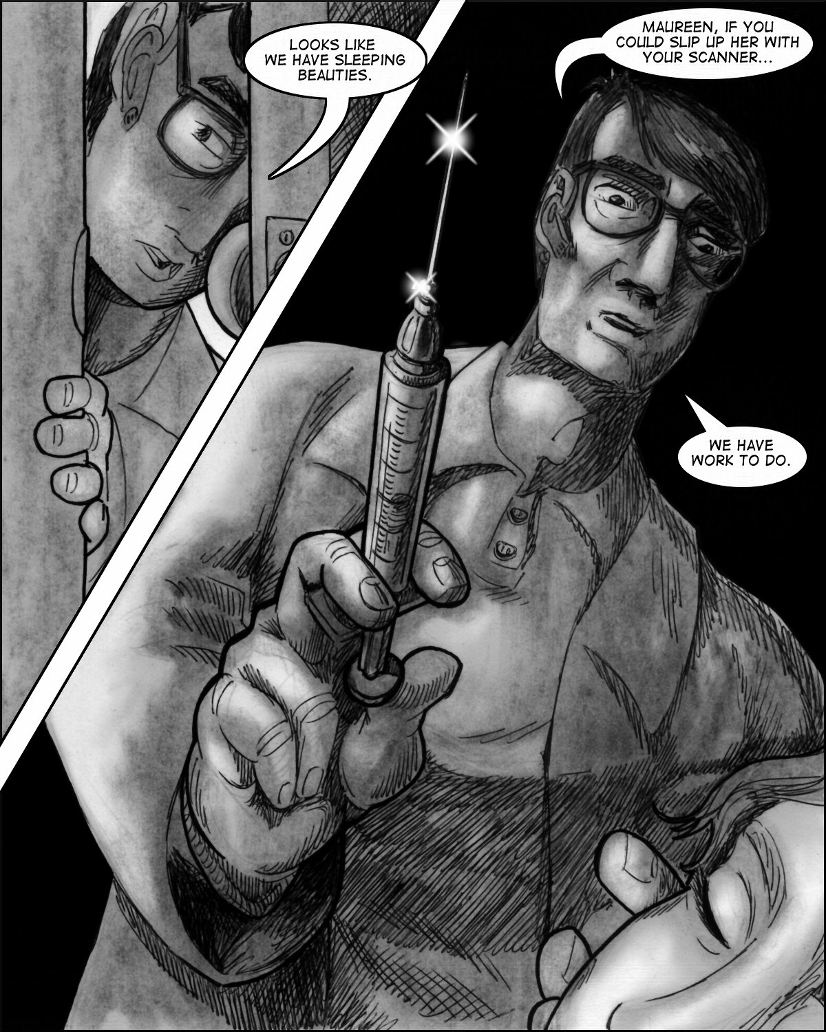 Aloysius wields a scary needle and syringe.