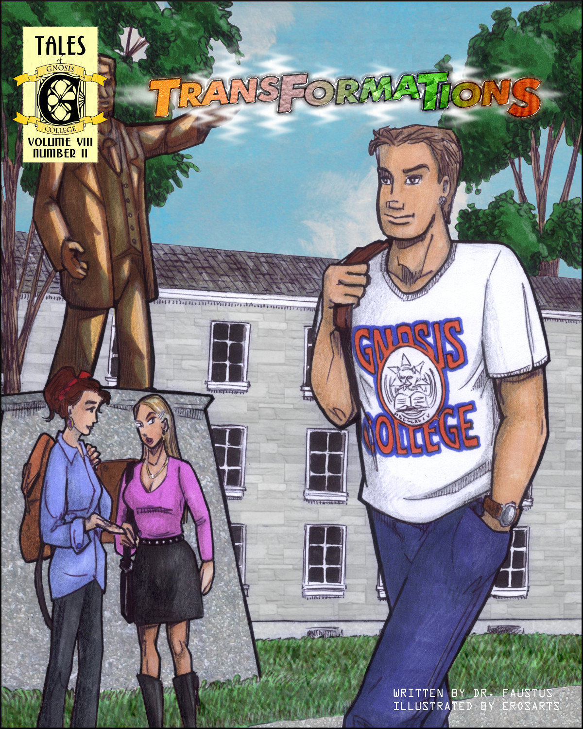 Taylor Chase strides proudly across the Gnosis College campus, while Marie Martin eyes him from a distance.
