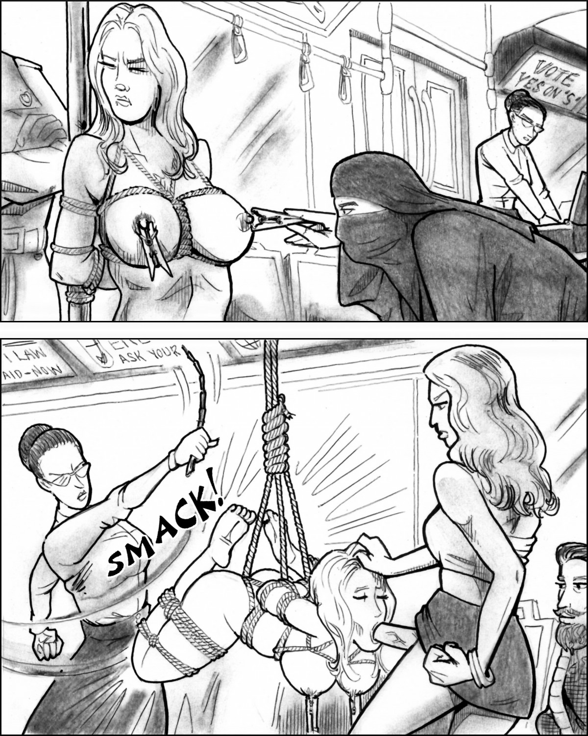 Kat in a BDSM subway scene with a burka woman and shibari suspension bondage.