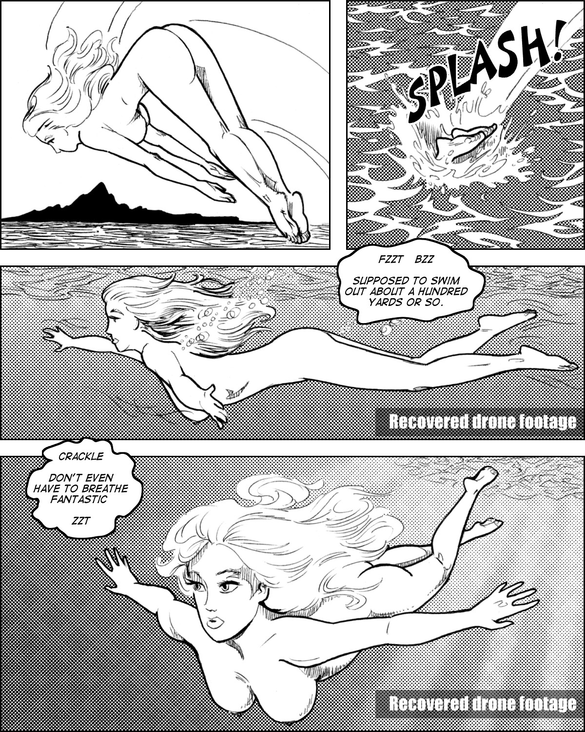 Eliza dives and swims naked through the ocean.