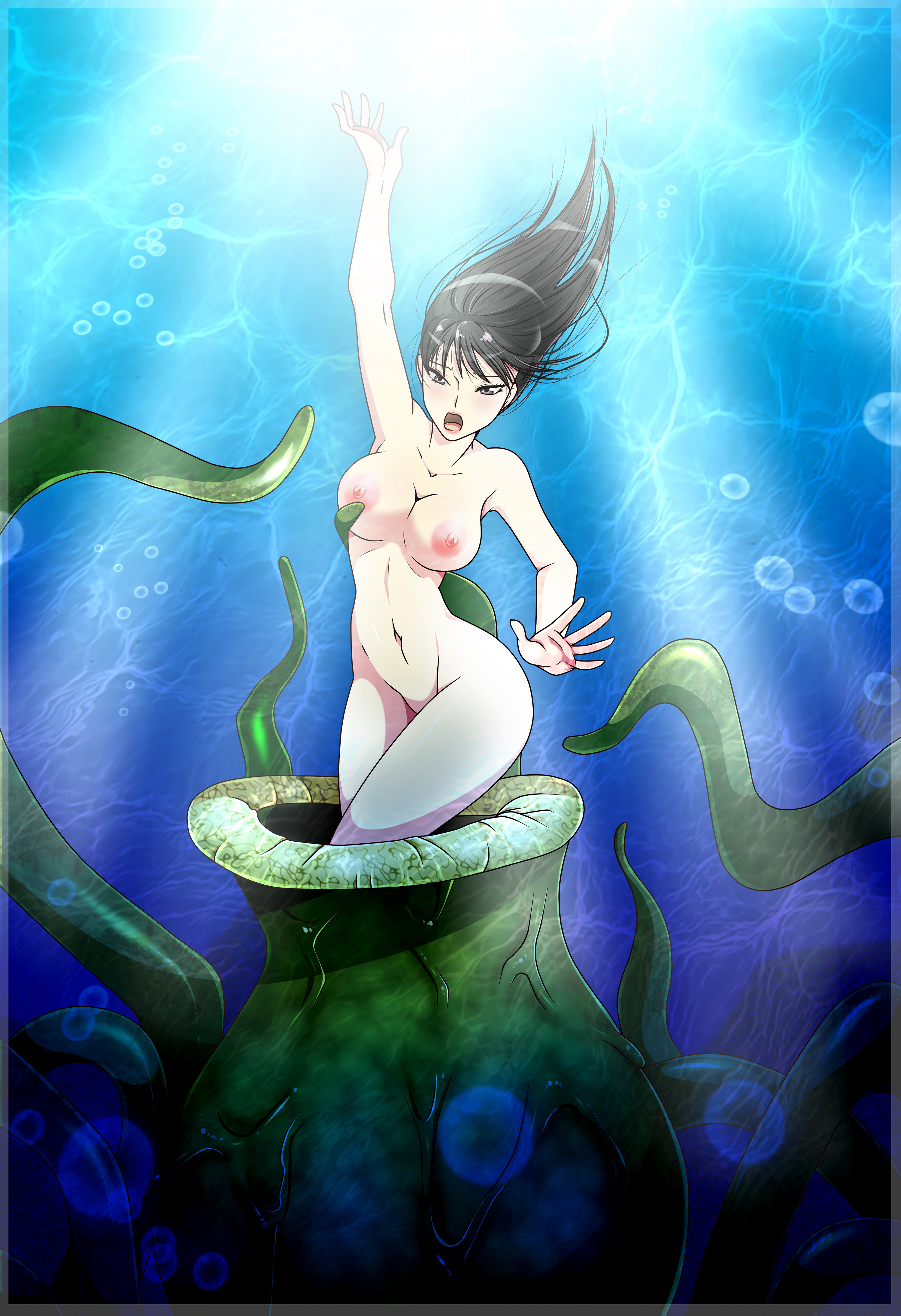 Naked Japanese cutie Chiba Moe is eaten alive by an underwater tentacle monster.