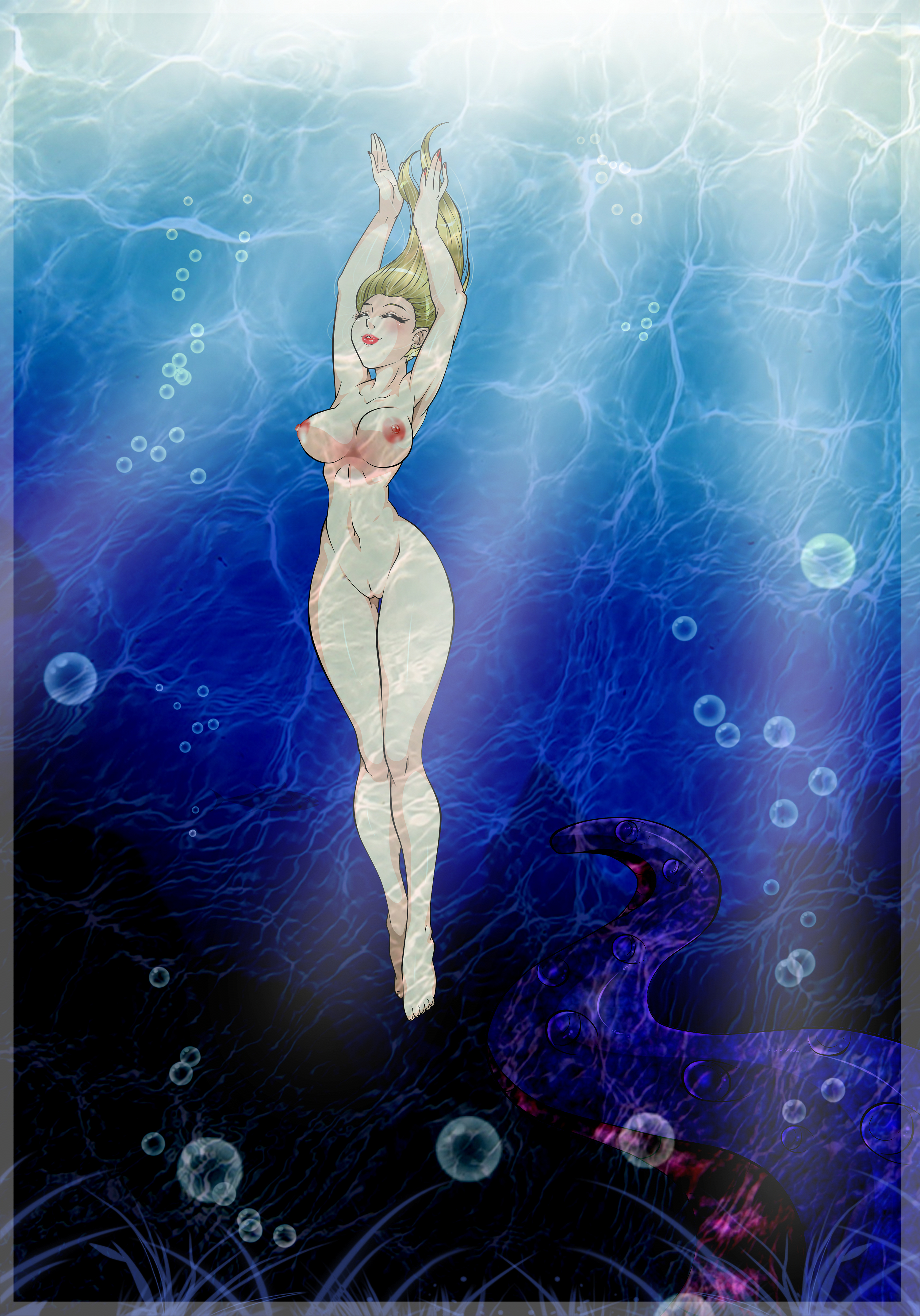 Blonde beauty Eliza Fanshaw luxuriates naked in the sea.