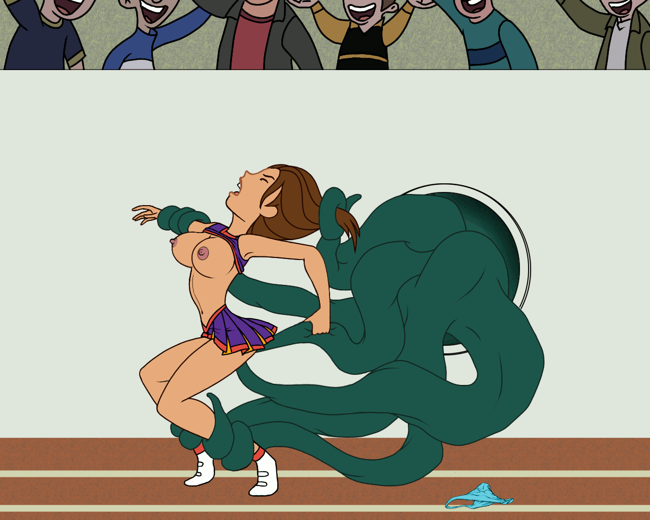 a topless cheerleader is held by a tentacle monster and thoroughly goosed and debauched until she jumps in a way that makes her tits jiggle