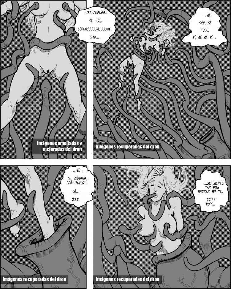 Eliza disfruta profundamente del sexo con los tentáculos y pronto es devorada por la criatura. 