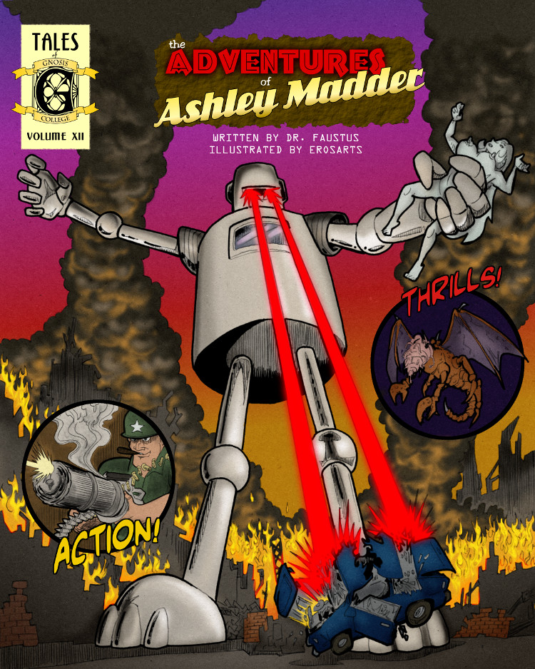 n a tribute to Frank Springer's front-page llustration to The Adventures of Phoebe Zeit-Geist, a giant robot brandishes the Ashley Madder statue and destroys things.