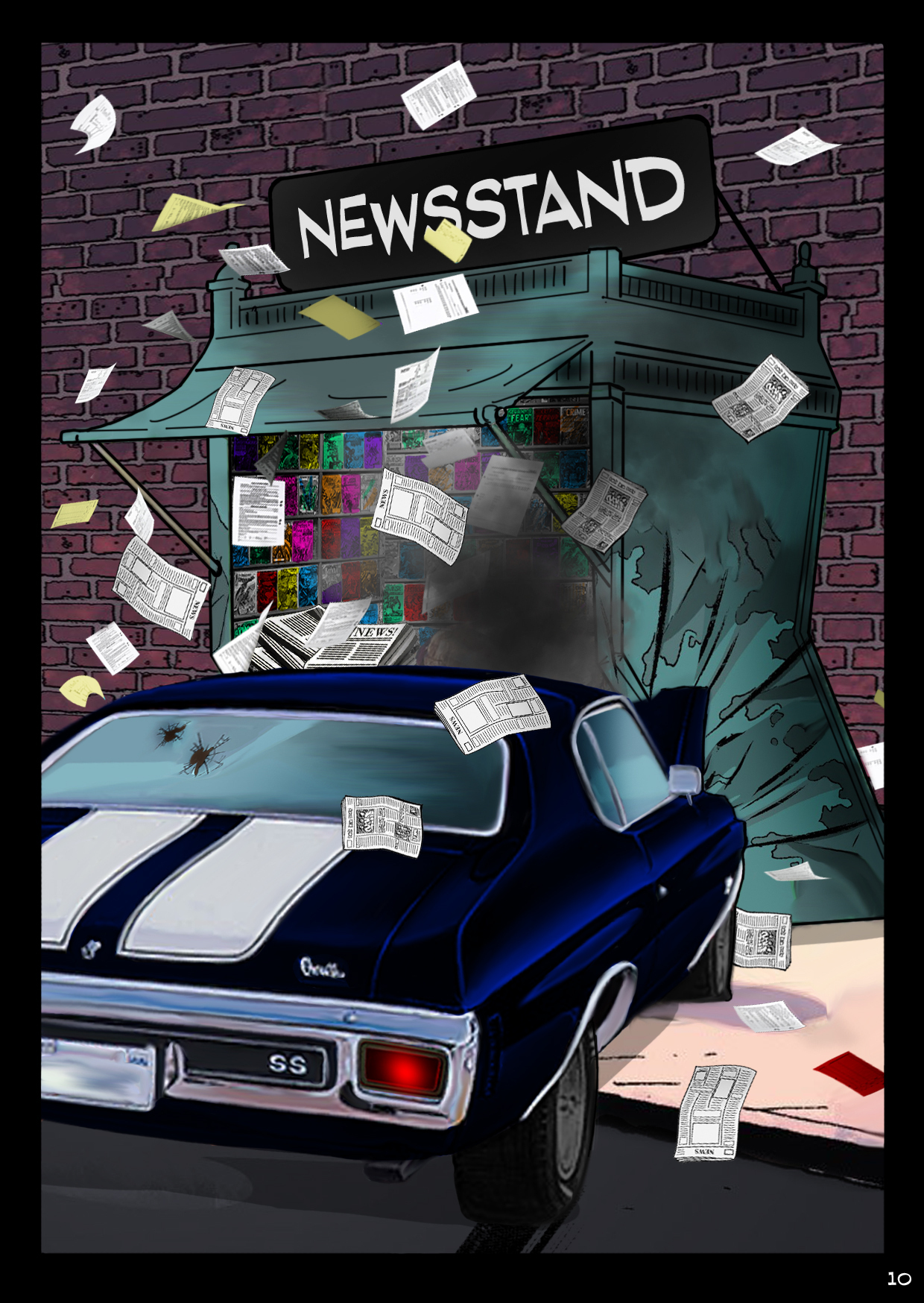 Bobby crashes his Chevelle into an urban newsstand.