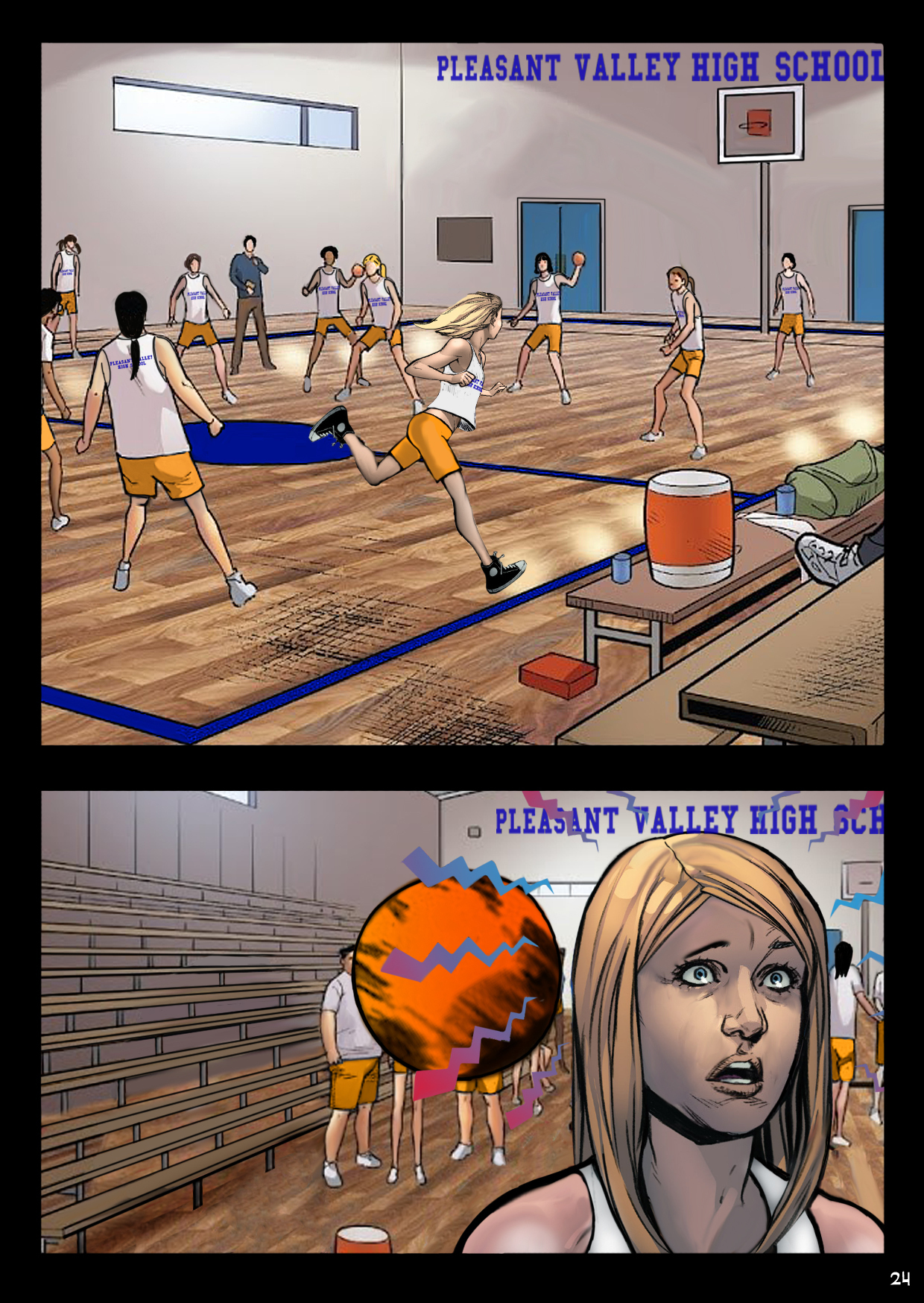 In physical education class, Nancy is suddently distracted by something. Watch out for that ball, Nancy!