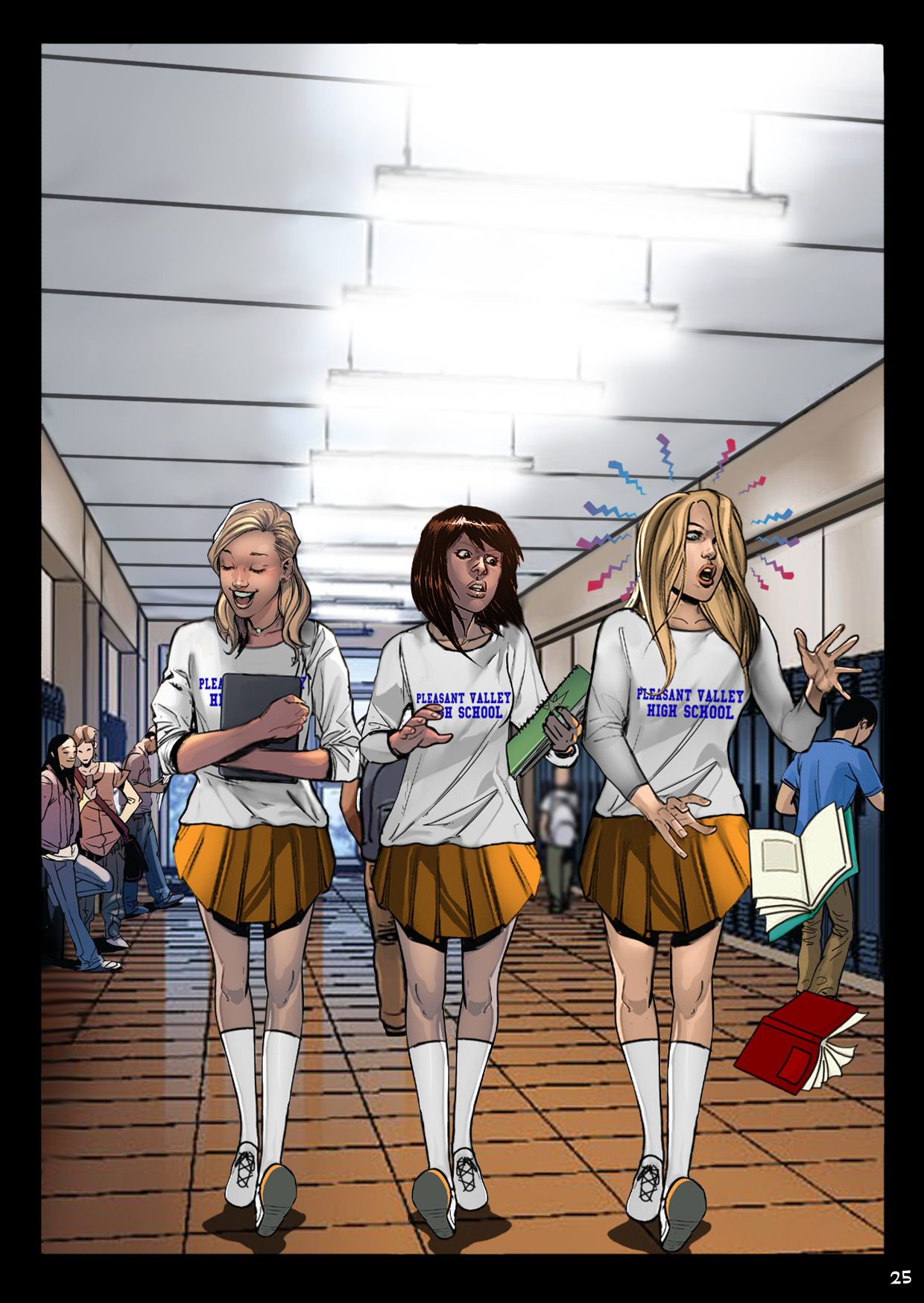 Walking down the hall with her cheerleader friends, Pamela is so struck by something that she suddenly drops her schoolbooks.