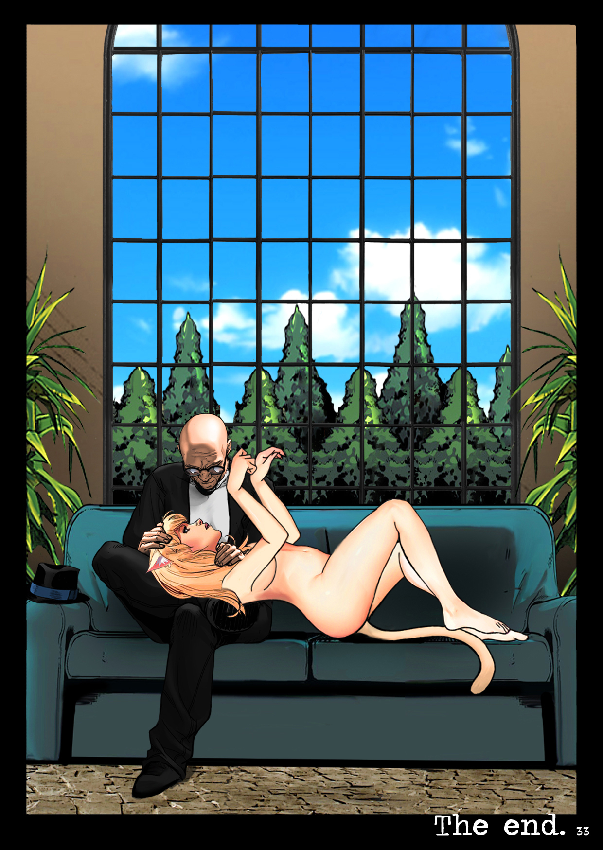 Dr. Vragov relaxes in his villa with his purring catgirl.  A happy ending, if only for Dr. Vragov!