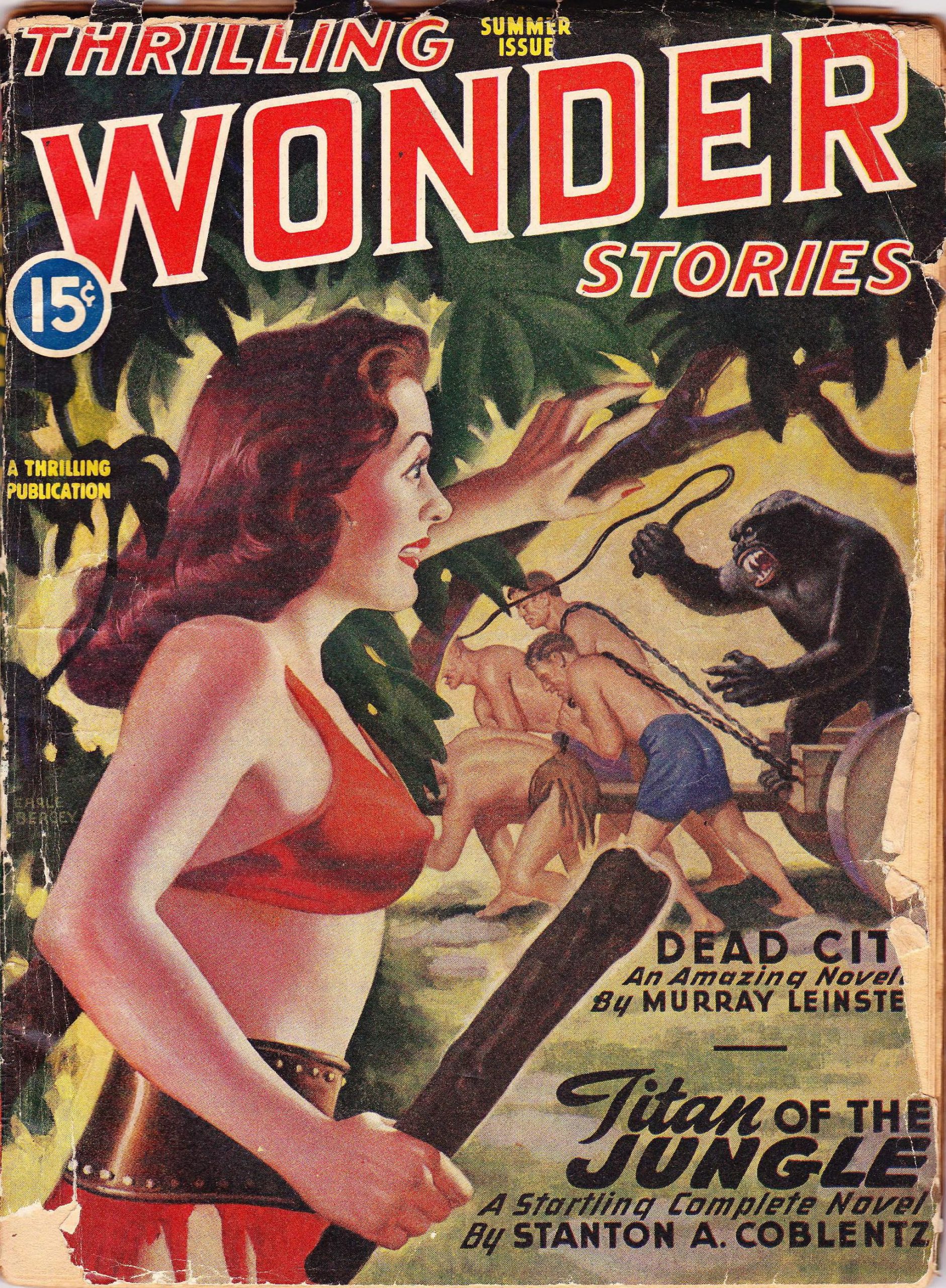 An Earle Bergey cover for Thrilling Wonder Stories, Summer 1946.  A  jungle girl with a club looks on as a gorilla dirves a column of human male slaves.