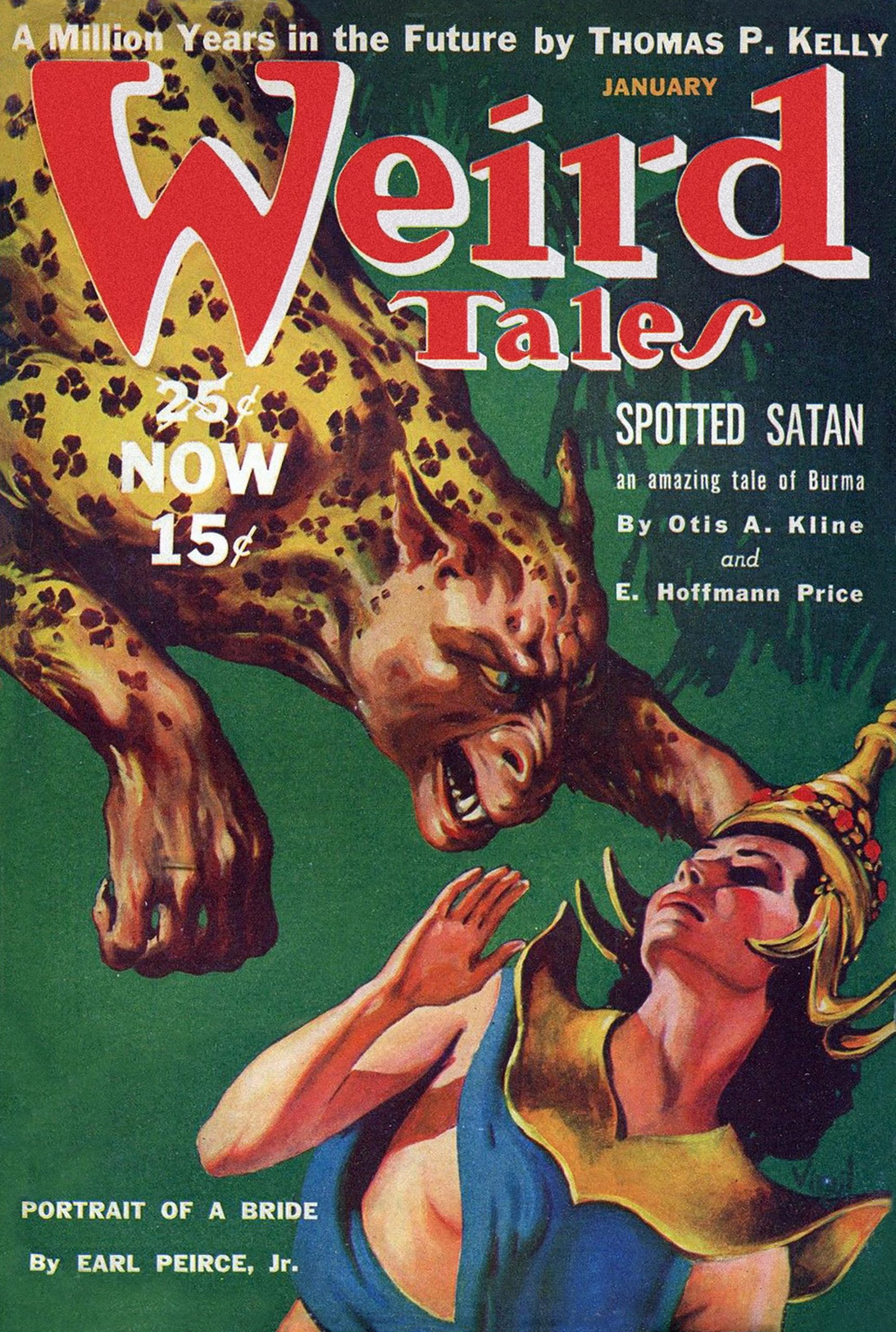 A weird-looking giant cat assaults a woman on the January 1940 cover of Weird Tales, as painted by Virgil finlay.