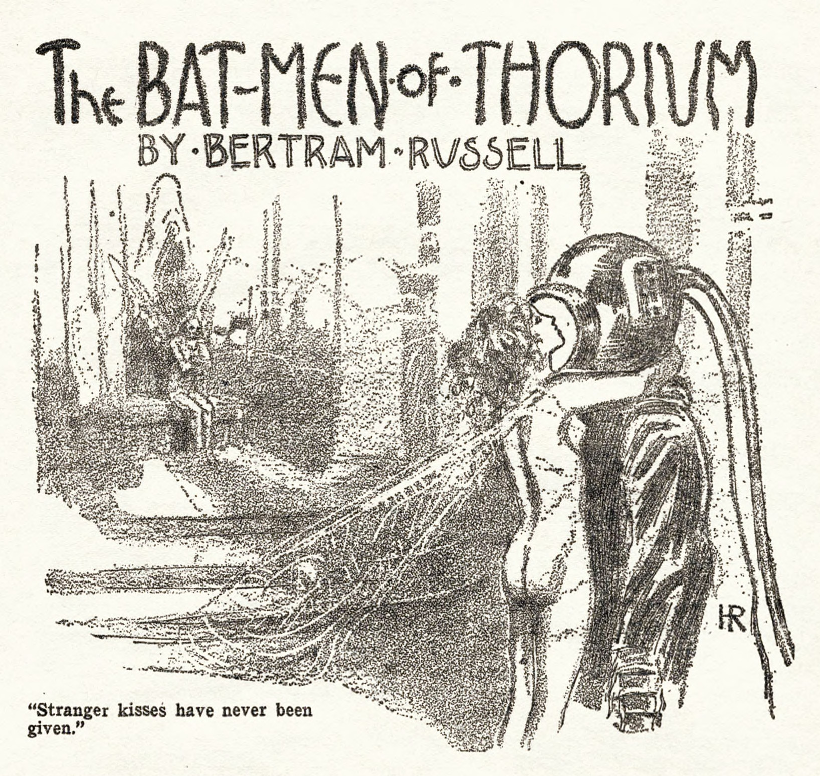 A story illustration by Hugh Rankin for Bertram Russell's "The Bat-Men of Thorium," which appeared in the July 1928 issue of Weird Tales.