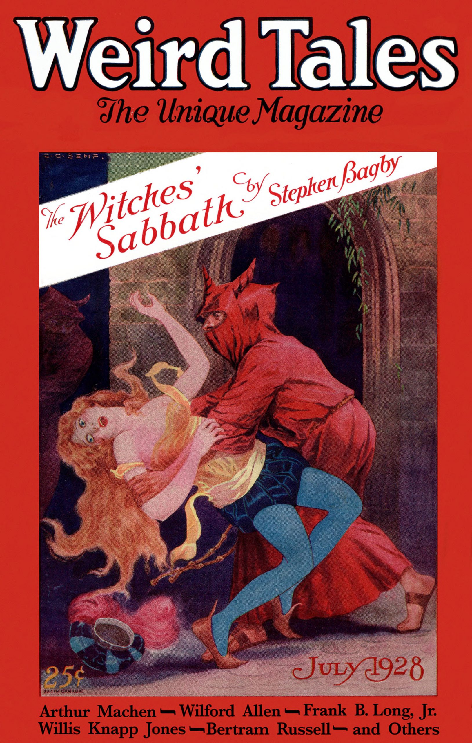 A C.C. Senf cover for Weird Tales, July 1928.  A redhead is meanced by a man in a red costume.