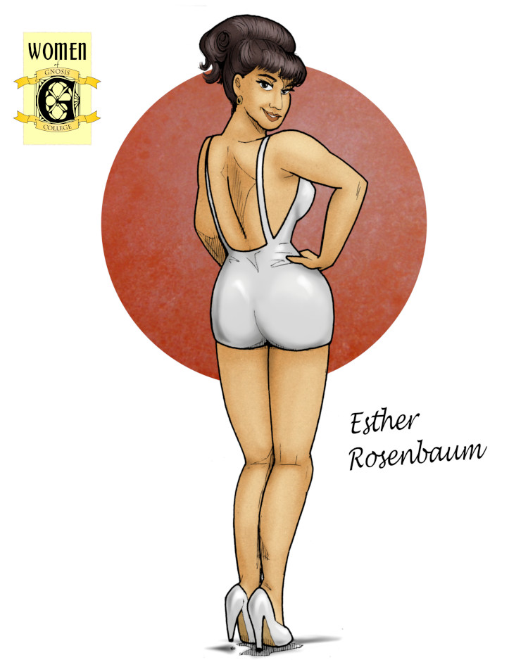 A twentysomething Esther Rosenbaum does a Betty Grable-style swimsuit pinup pose.