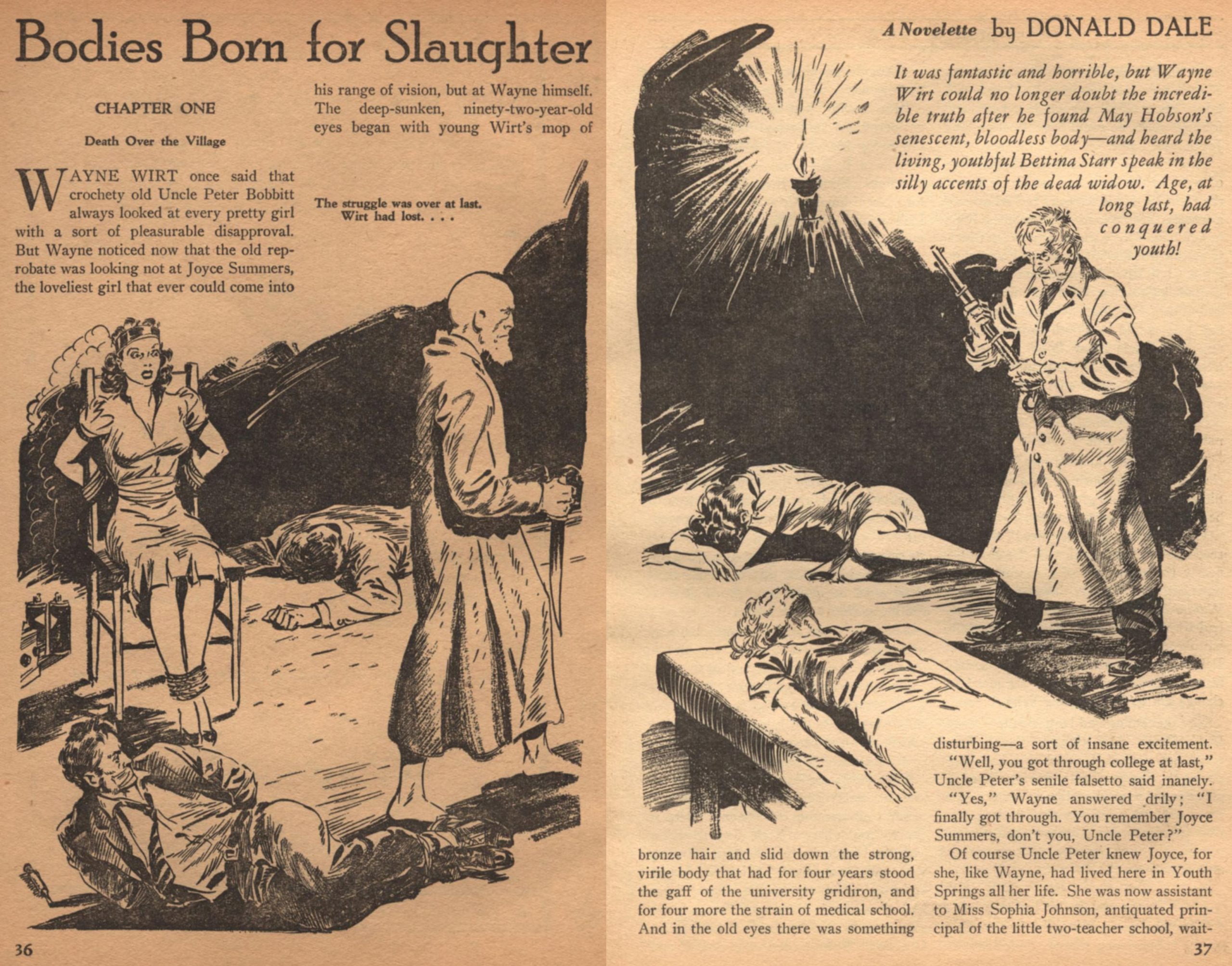 Art and beginning of Mary Dale Buckner's story "Bodies Born for Slaughter" in Terror Tales, Septembe 1940.