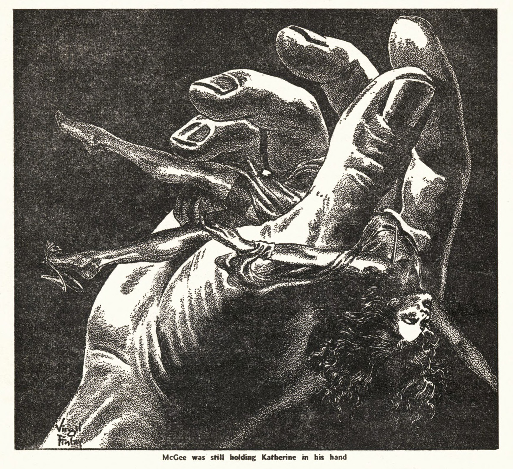 A woman lies prostrate in the hand of a giant man.  Illustration by Virgil Finlay for John D. MacDonald's story "That Mess Last Year."