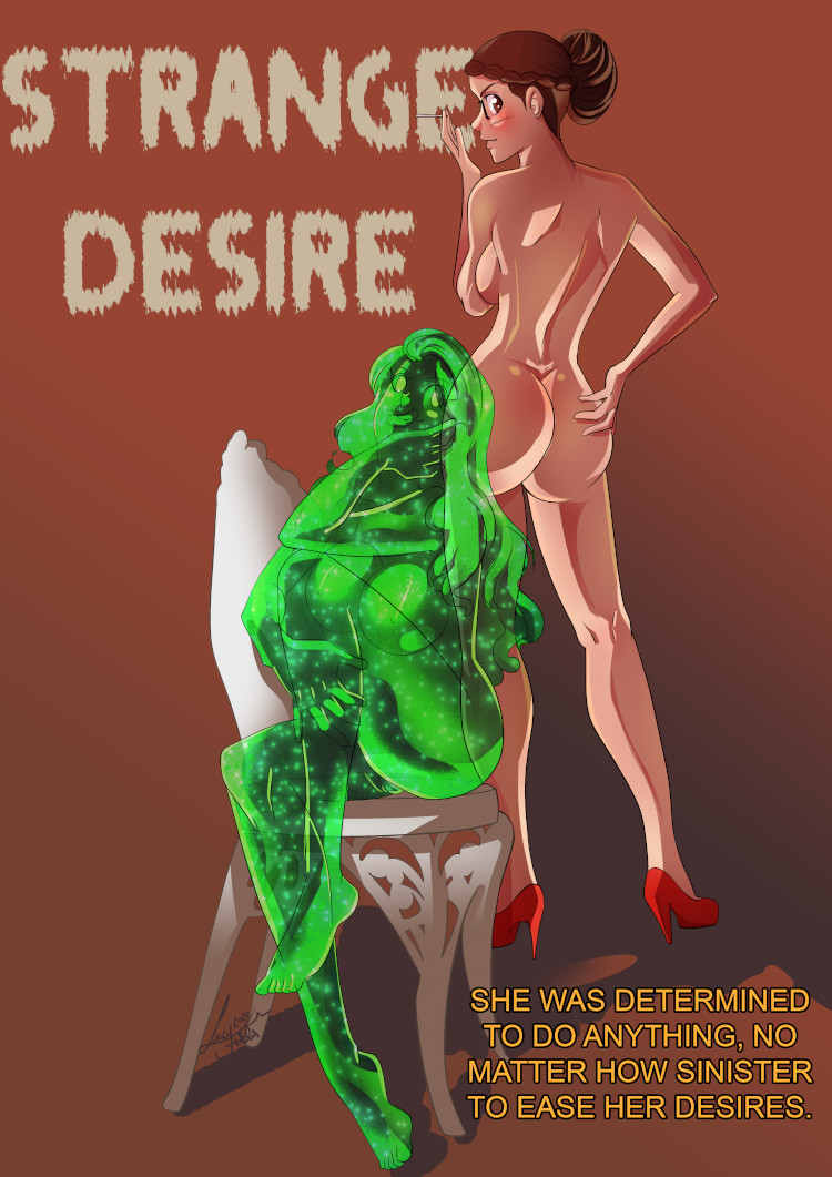 Brenda and Pamela on a "cover" for the Brenda-Pamela series, drawn by Lucy Fidelis and modeled on an old pulp novel cover, "Strange Desire."