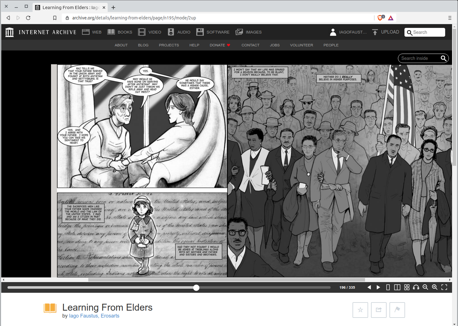 Esther narrates her belief in America for the spread on the Internet Archive screenshot page of Learning from Elders.