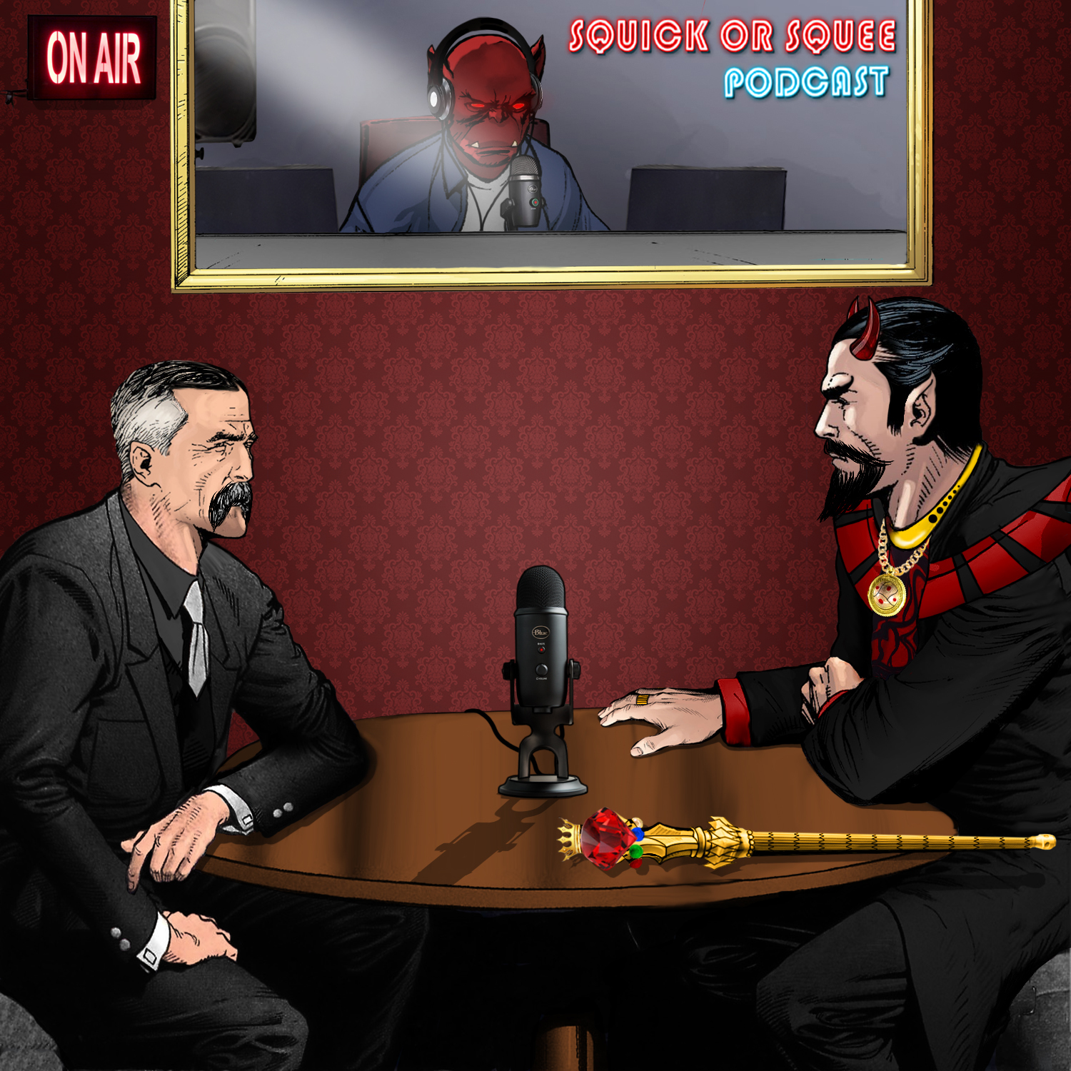 The internet avatar of Iago Faustus conducts a podcast interview with Asmodeus, demon prince of lust in this illustration for the Squick or Squee podcast.  